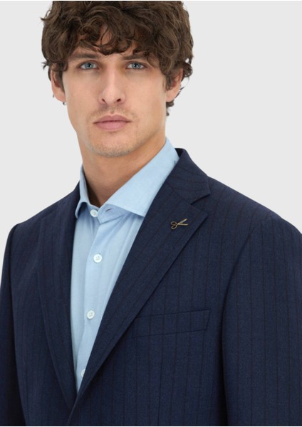 Lacivert Çizgili Zeroweight Slim Fit %100 Yün Takım Elbise