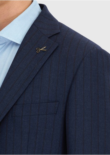 Lacivert Çizgili Zeroweight Slim Fit %100 Yün Takım Elbise