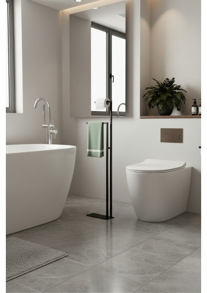 Modern Metal Tasarım Ayaklı Banyo Askılığı ve Tuvalet Kağıtlık Seti 105X25X15