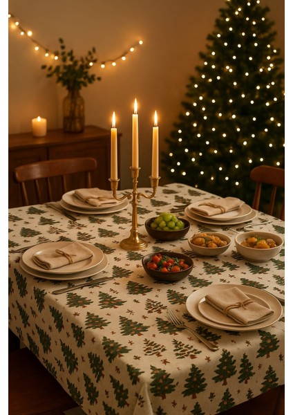 3D Baskılı Lekeye Dayanıklı Yılbaşı Ağacı Temalı Masa Örtüsü