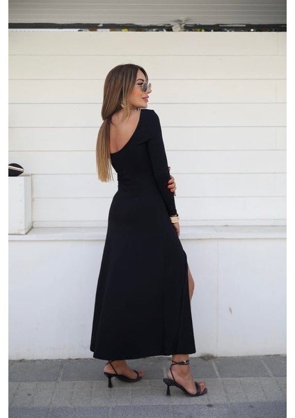 Kadın Uzun Kollu Hafif Kayık Yaka Sırt Dekolteli Yırtmaç Detaylı Viskon Tam Boy Elbise fiyatları