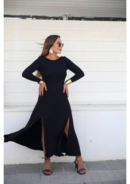 Kadın Uzun Kollu Hafif Kayık Yaka Sırt Dekolteli Yırtmaç Detaylı Viskon Tam Boy Elbise modelleri