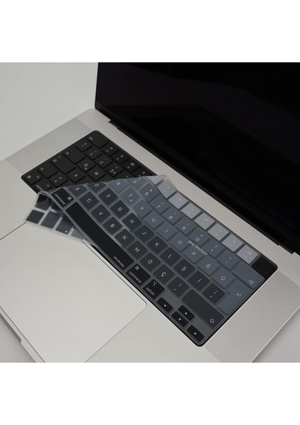MacBook Klavye Koruyucu Silikon Kılıf Türkçe Q Baskılı Uk-Ters L- Enter Tipi Air 13,6-15,3inç- Pro 14,2-16,2inç M1-M2-M3-M4 Pro Max Uyumlu, Yıkanabilir Silikon Klavye Filmi Siyah Gri