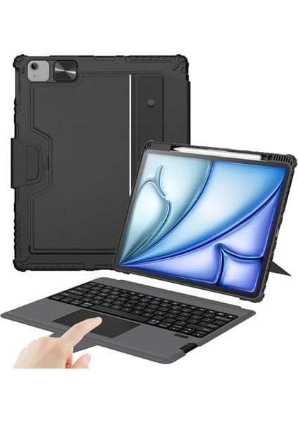 iPad Air 13" (M3 2025/M2 2024), iPad Pro 12.9" (6./5./4. /3. Nesil) Sağlam Kılıf Çıkarılabilir Klavye, Sihirli Izleme Dörtgeni, Portre/manzara Standı, Siyah fiyatları