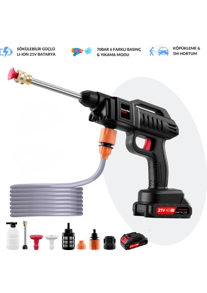 Şarjlı Yıkama Tabancası| 70 Bar Güç | Köpükleme | Güçlü Batarya