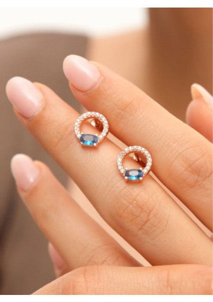 925 Ayar Rose Kaplama Zirkon Taşlı Yuvarlak Gümüş Küpe