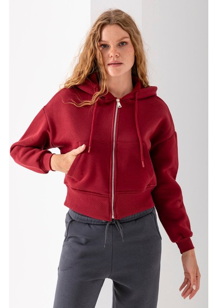 Kadın Tam Fermuarlı Kapüşonlu Cepli Kısa Oversize Sweatshirt Bordo - 2503