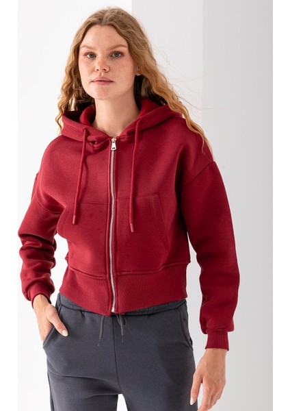 Kadın Tam Fermuarlı Kapüşonlu Cepli Kısa Oversize Sweatshirt Bordo - 2503 fiyatları