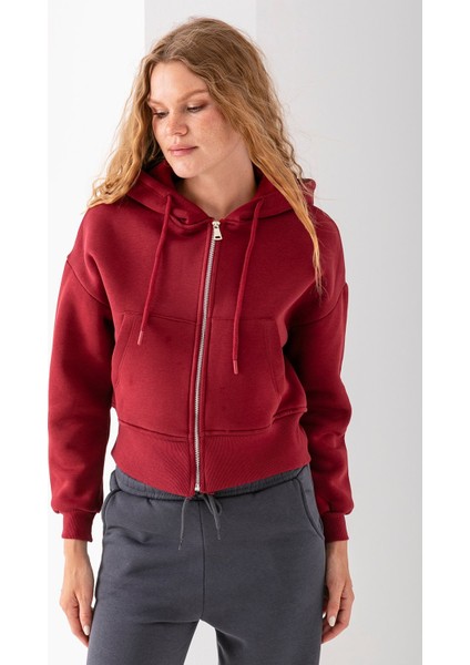 Kadın Tam Fermuarlı Kapüşonlu Cepli Kısa Oversize Sweatshirt Bordo - 2503 modelleri