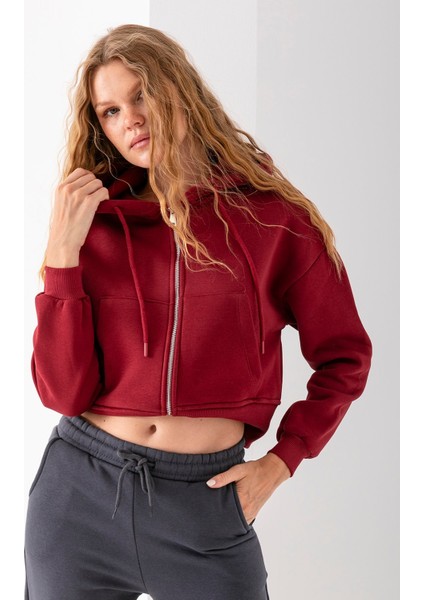 Kadın Tam Fermuarlı Kapüşonlu Cepli Kısa Oversize Sweatshirt Bordo - 2503 fırsatları