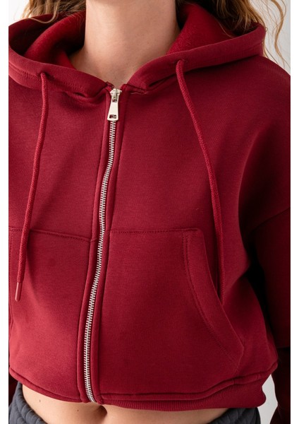 Kadın Tam Fermuarlı Kapüşonlu Cepli Kısa Oversize Sweatshirt Bordo - 2503 indirimleri