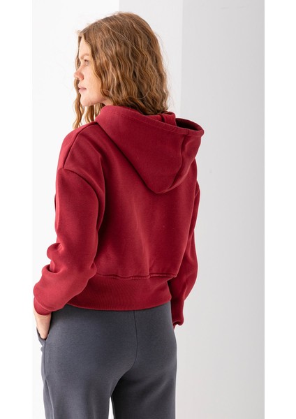 Kadın Tam Fermuarlı Kapüşonlu Cepli Kısa Oversize Sweatshirt Bordo - 2503