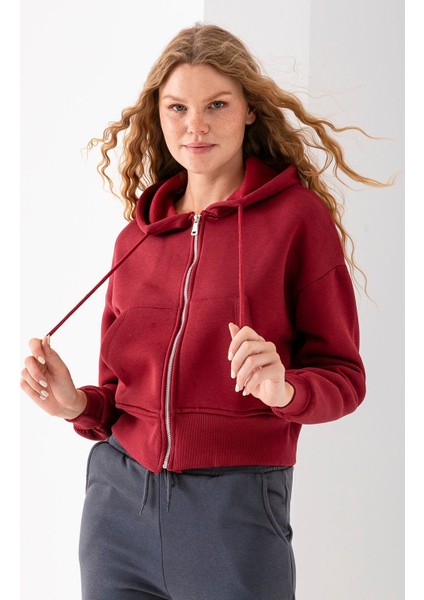 Kadın Tam Fermuarlı Kapüşonlu Cepli Kısa Oversize Sweatshirt Bordo - 2503