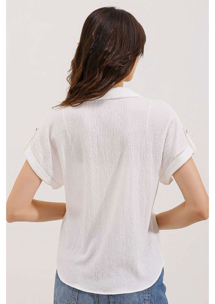 Kadın BDART Cep Detaylı Dokulu Gömlek White