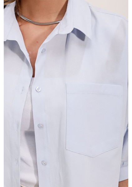 Kadın BDART Cep Detaylı Bol Poplin Gömlek Blue