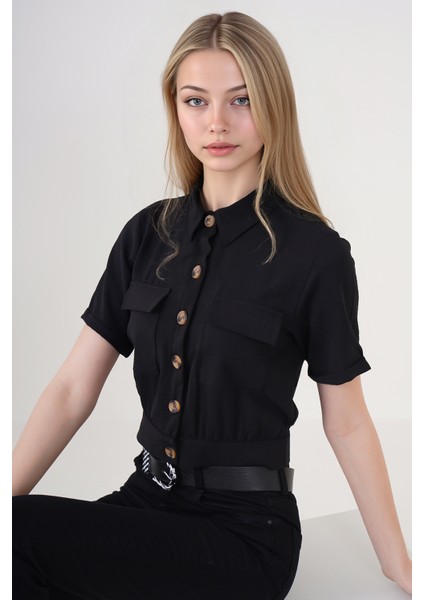 Kadın BDART Düğmeli, Çizgili, Kısa Kaban, Gömlek Yaka Black