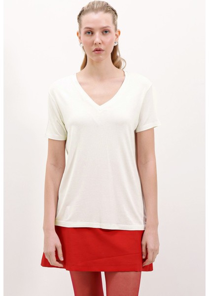 Kadın BDART Oversize V Yaka Örme Tişört White