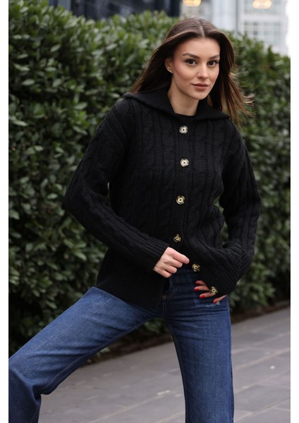 Kadın BDART Dokulu Triko Hırka, Gömlek Yaka Black