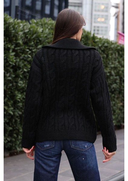 Kadın BDART Dokulu Triko Hırka, Gömlek Yaka Black