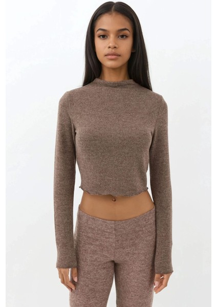 Kadın Yumuşak Dokulu Yarım Balıkçı Yaka Crop Bluz Busem Collection Brown