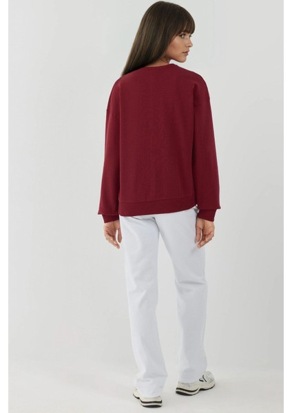 Kadın Baskılı Yuvarlak Yaka Uzun Kollu Sweatshirt Red