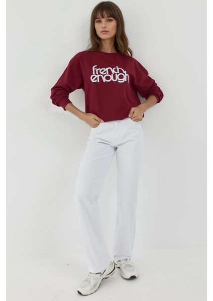 Kadın Baskılı Yuvarlak Yaka Uzun Kollu Sweatshirt Red