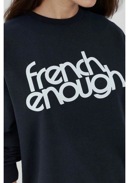 Kadın Baskılı Yuvarlak Yaka Uzun Kollu Sweatshirt Lacivert