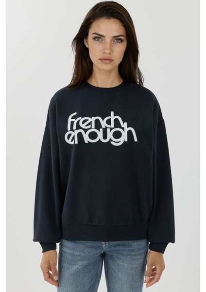 Kadın Baskılı Yuvarlak Yaka Uzun Kollu Sweatshirt Lacivert