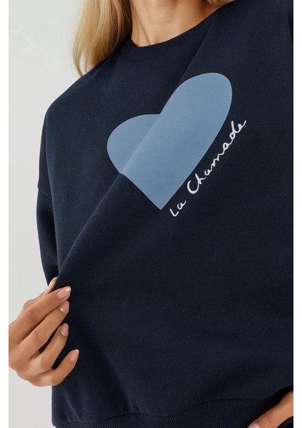 Kadın Baskılı Yuvarlak Yaka Sweatshirt Blue