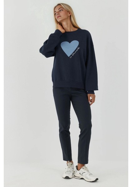 Kadın Baskılı Yuvarlak Yaka Sweatshirt Blue