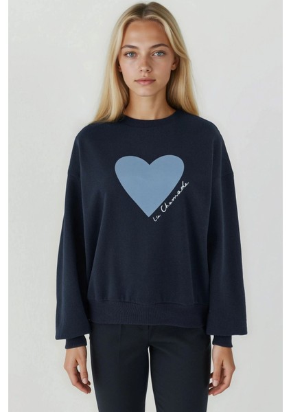 Kadın Baskılı Yuvarlak Yaka Sweatshirt Blue