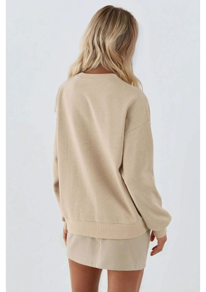Kadın Baskılı Yuvarlak Yaka Sweatshirt Bej Doğal