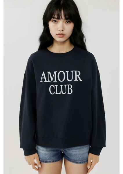 Kadın Baskılı Yuvarlak Yaka Rahat Kesim Sweatshirt Blue