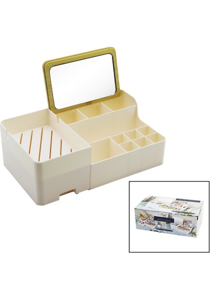 Aynalı Bambu - Çekmeceli Makyaj - Takı Organizer Sert Plastik 13 Bölmeli 28.5X17.5X9.5CM (5224)