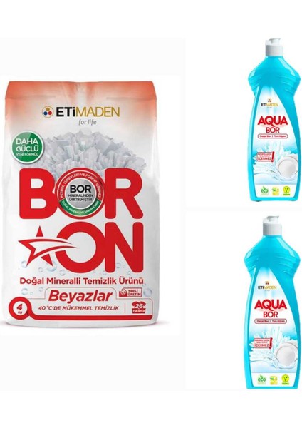 Boron Toz Deterjan Beyazlar Için 4 kg 26 Yıkama +2 Adet Aquabor Bulaşık Deterjanı.