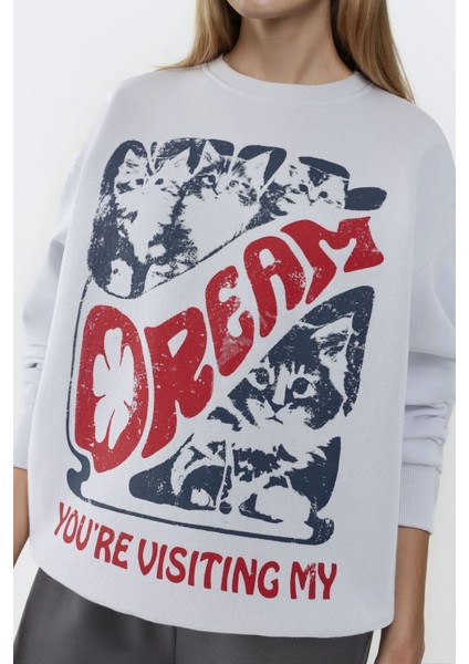 Kadın Baskılı Yuvarlak Yaka Sweatshirt White