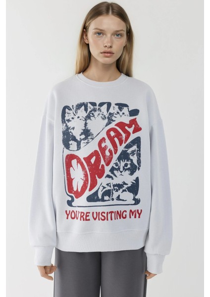 Kadın Baskılı Yuvarlak Yaka Sweatshirt White