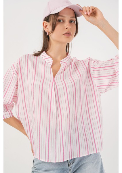 Kadın BDART Çizgili V Yaka Bluz Pink