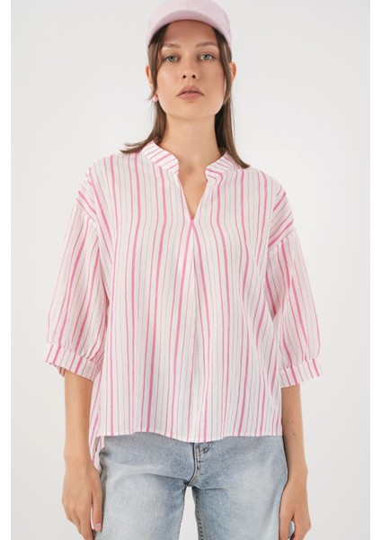 Kadın BDART Çizgili V Yaka Bluz Pink