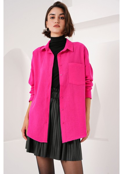 Kadın BDART Cepli Oversize Düğmeli Keten Karışımlı Gömlek Pink