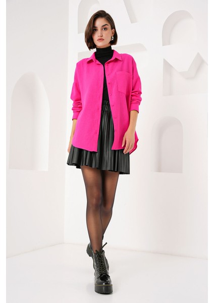 Kadın BDART Cepli Oversize Düğmeli Keten Karışımlı Gömlek Pink