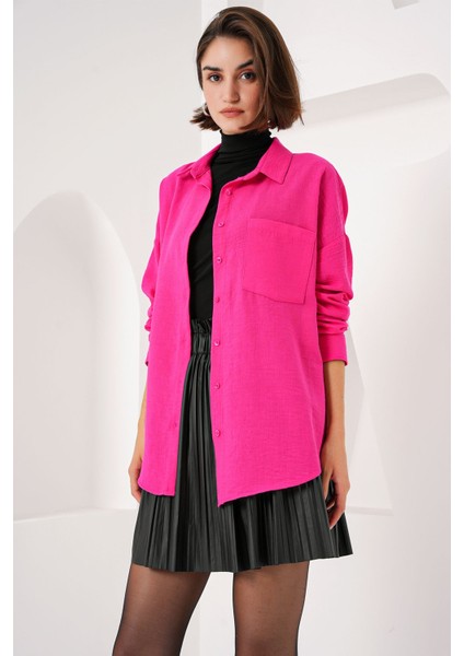 Kadın BDART Cepli Oversize Düğmeli Keten Karışımlı Gömlek Pink