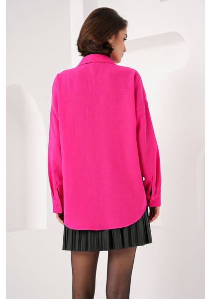 Kadın BDART Cepli Oversize Düğmeli Keten Karışımlı Gömlek Pink