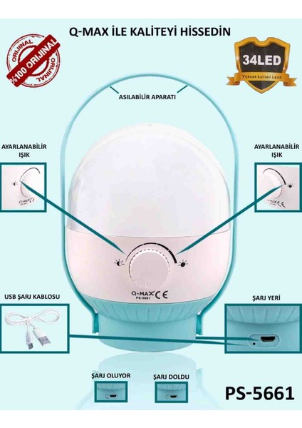 Fener Şarjlı Kamp Tipi Kamp Çadır Aydınlatma Lamba 34 LED modelleri