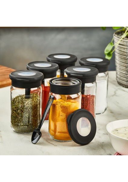 C344X6 Flat 6'lı Kaşıklı Baharatlık Seti - Siyah / Şeffaf