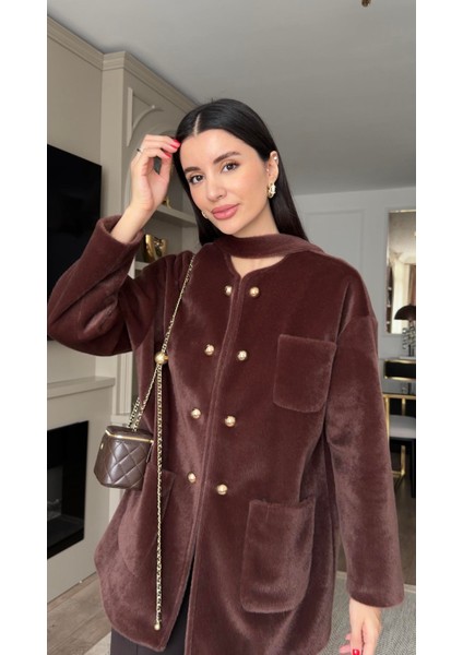 Gold Düğmeli Kahve Kısa Kürk Ceket