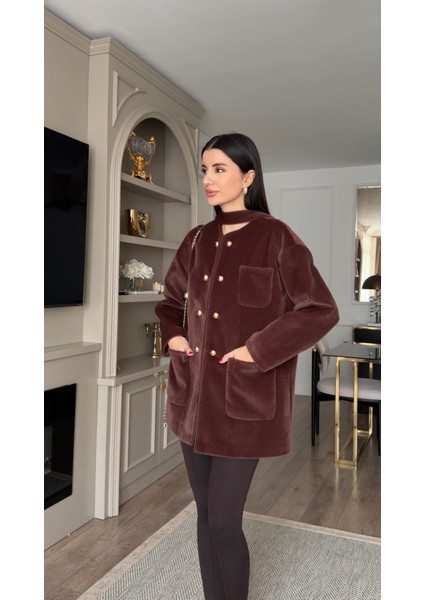 Gold Düğmeli Kahve Kısa Kürk Ceket modelleri