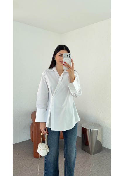 Poplin Beyaz Kruvaze Gömlek