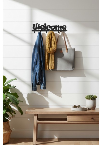 Metal Welcome Yazılı Duvar Askılığı Dekoratif Portmanto Vestiyer Askısı Antre Askılık