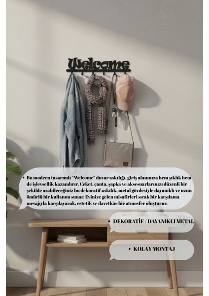 Metal Welcome Yazılı Duvar Askılığı Dekoratif Portmanto Vestiyer Askısı Antre Askılık indirimleri